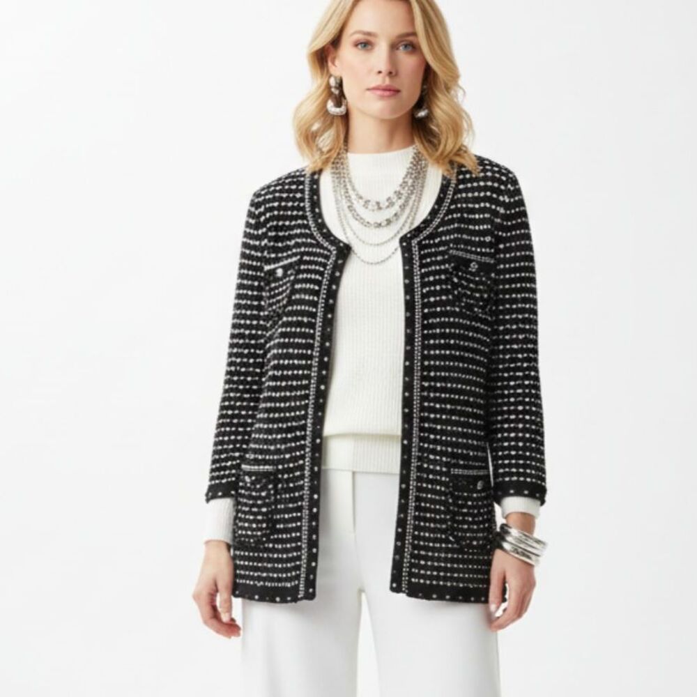 White House Black Market Black & White Woven Cardigan Sweater L